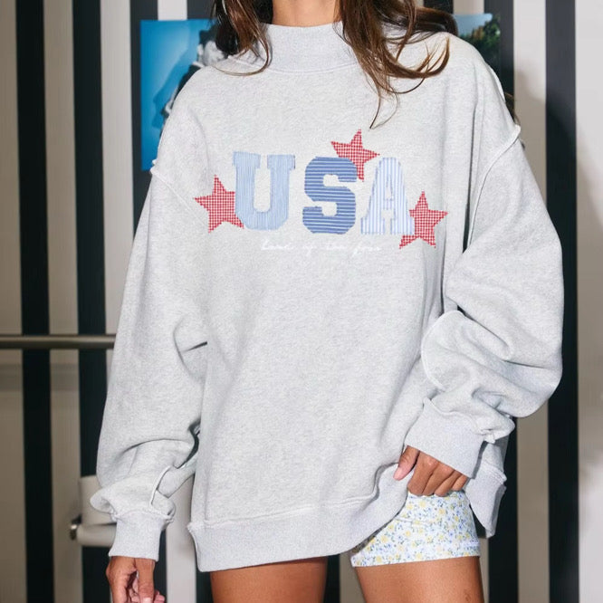 Gray USA with Stars Patchwork Mockneck- THIS PRODUCT WILL TAKE 4-6 WEEKS